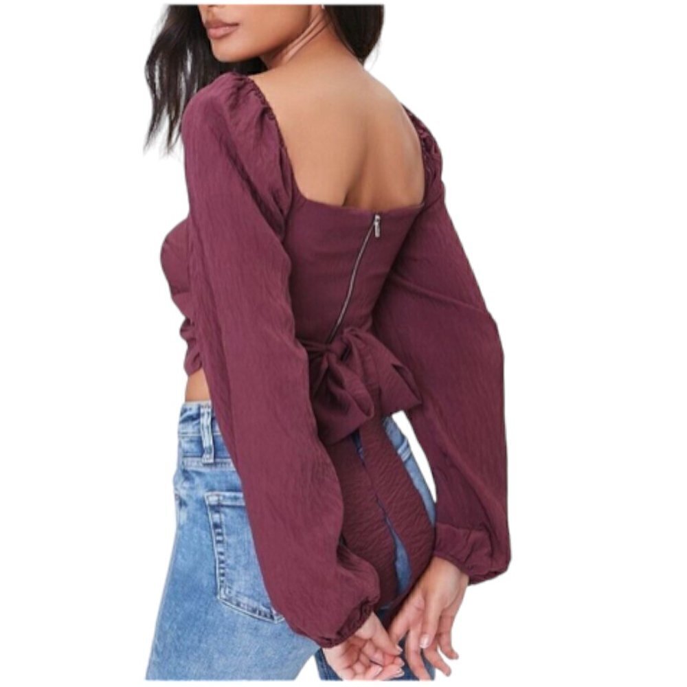 Boho Festival Peasant Balloon Sleeve Crop Top, Mauve Pink, Small
